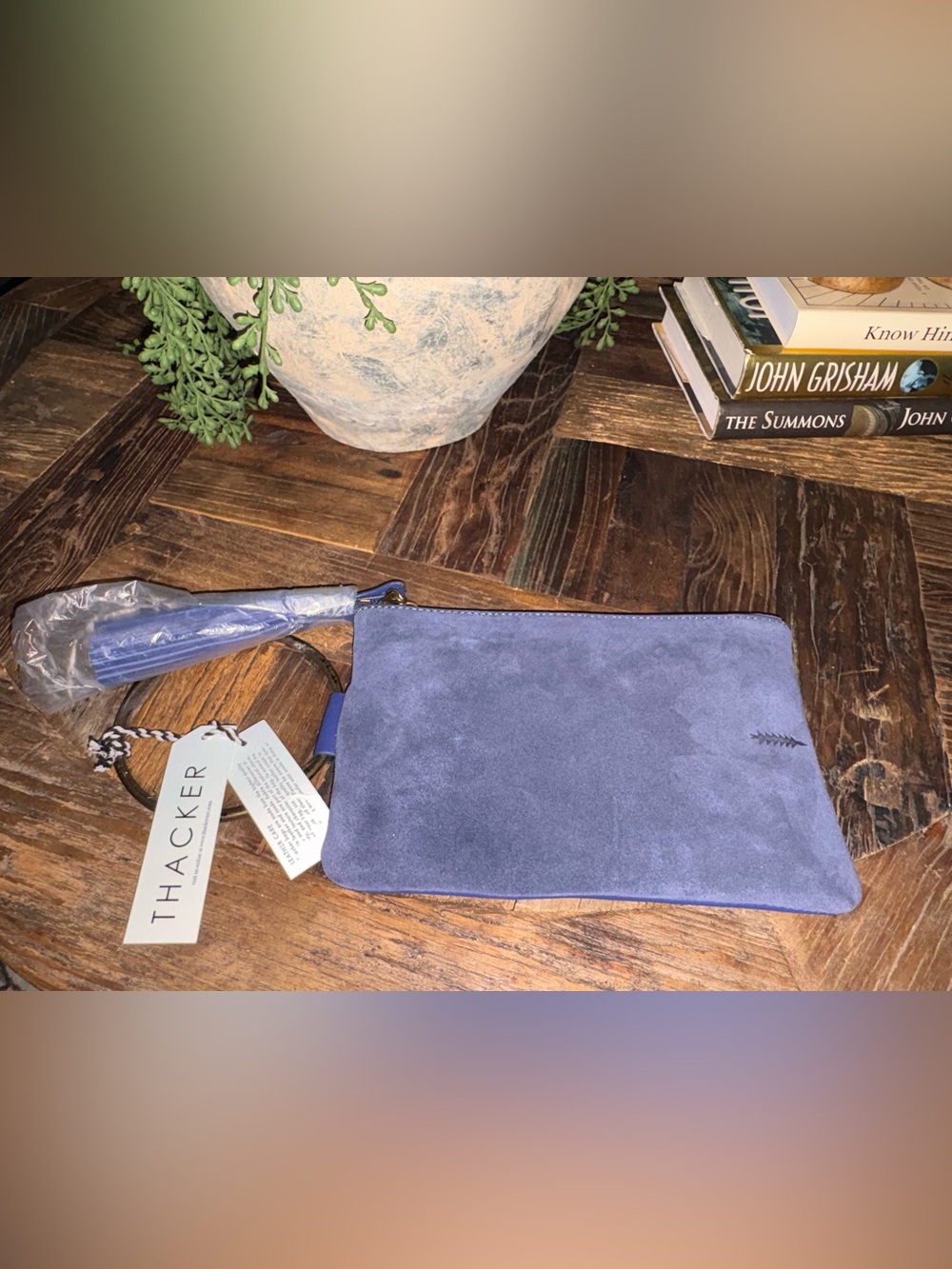 Thacker Nolita Clutch Suede Blue Wristlet Bag with dust cover